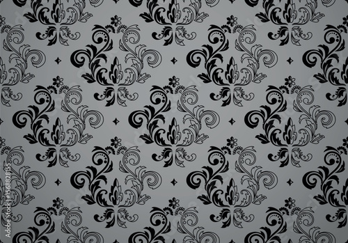 Wallpaper in the style of Baroque. Gray and black floral ornament. Seamless vector background. Graphic pattern for fabric, wallpaper, packaging. Ornate Damask flower illustration