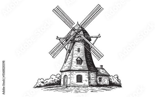Rural Windmill Vector Engraving Illustration