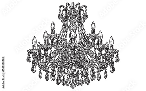  Ornate Vintage Chandelier Vector Engraving Illustration

