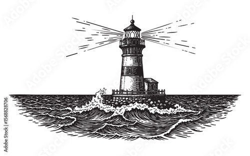 Lighthouse with Crashing Waves Vector Engraving Illustration