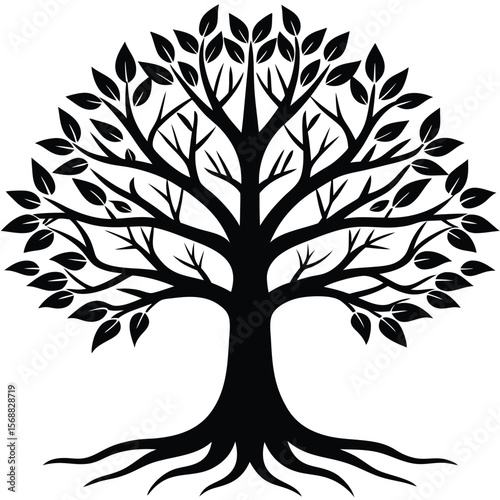 Stylized black silhouette of a tree with visible roots and leaves