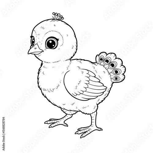 A cute cartoon chick with expressive eyes and peacock-like tail feathers stands proudly in black-and-white line art.
