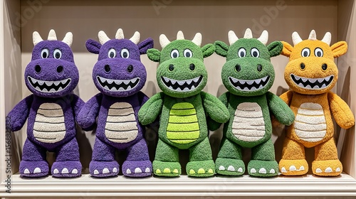 Four colorful plush dragon toys arranged on a shelf.