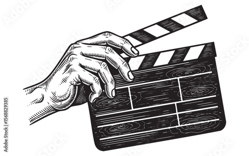 Hand Holding Cinema Clapperboard Vector Engraving Illustration