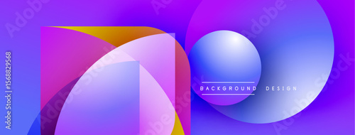 Abstract vibrant background. Overlapping shapes create dynamic visual effect. Purple, blue, yellow hues dominate composition. Modern design element.