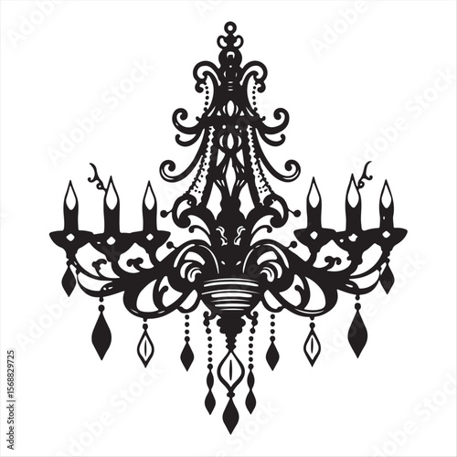 Elegant tattoo art print featuring a complex, ornamental chandelier silhouette in vibrant colors design uses a classic black and white vector style with a retro flair, set against a white background.