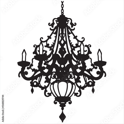 ornamental chandelier silhouette, rendered traditional tattoo art print design in classic black and white vector style, timeless and elegant, on a white background.