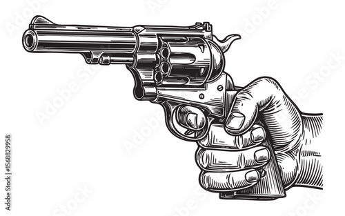 Hand Holding Revolver Pistol Vector Engraving Illustration