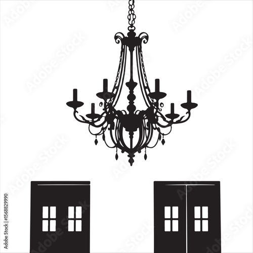 Isekai anime-influenced vector art a classic chandelier silhouette in black and white vector art,  on a white background. The composition emphasizes timeless elegance and expressive lines.