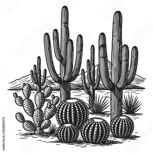 Desert Cacti Landscape Vector Engraving Illustration

