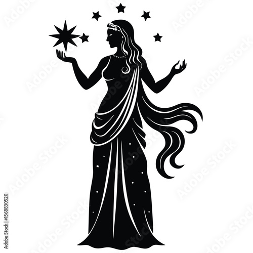 Mythological woman holding a star surrounded by celestial bodies