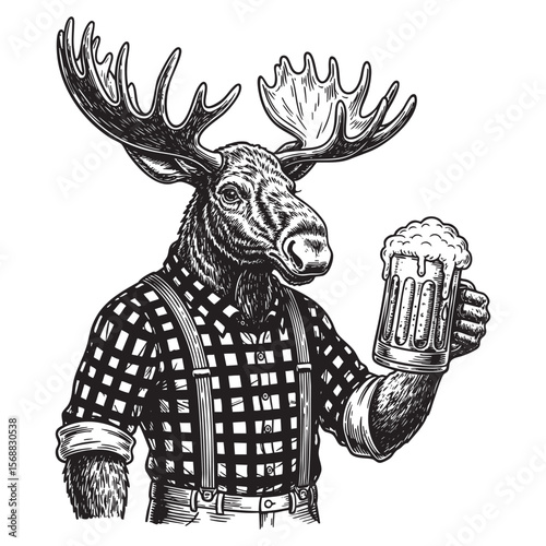 Moose Lumberjack with Beer Mug Vector Engraving Illustration