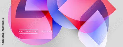 Abstract geometric shapes overlap, creating vibrant color gradients. Design features pinks, blues, whites on gray backdrop. Modern aesthetic.