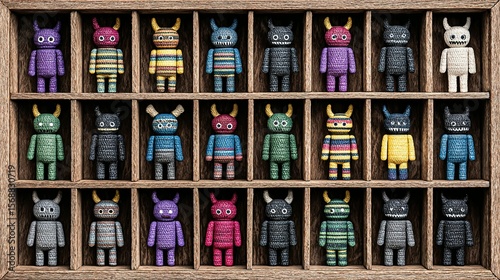 Small, colorful, and horned figures displayed in a wooden box.