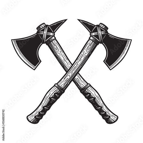 Crossed Axes Lumberjack Wilderness Vector Engraving Illustration