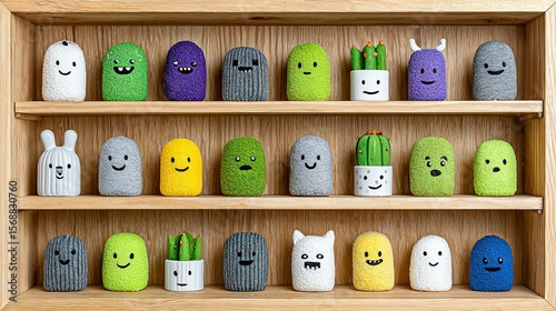 Cute cactus and other plant figurines displayed on shelves.