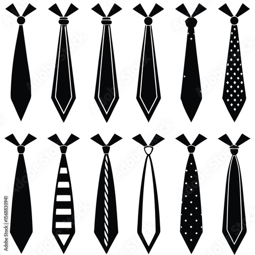Collection of twelve black and white silhouette tie designs with various patterns and styles