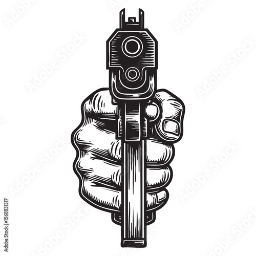 Hand Holding Pistol Pointing Forward Vector Engraving Illustration

