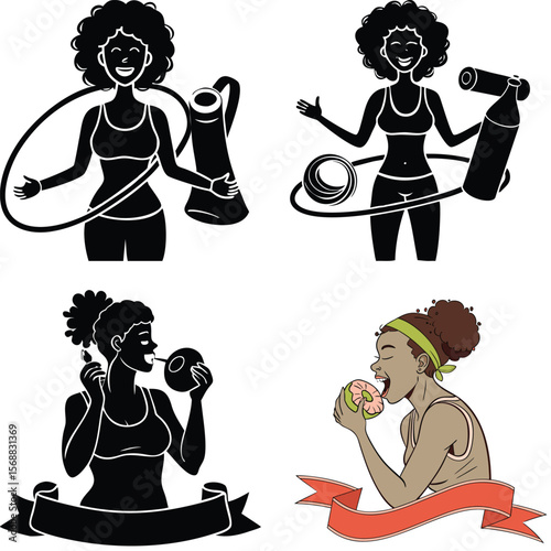 Diverse women enjoying fitness and healthy treats with decorative ribbons