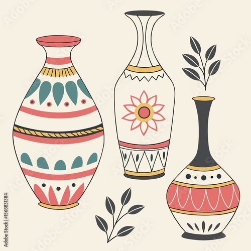 Collection of decorative vases with floral and geometric patterns in a minimalist style