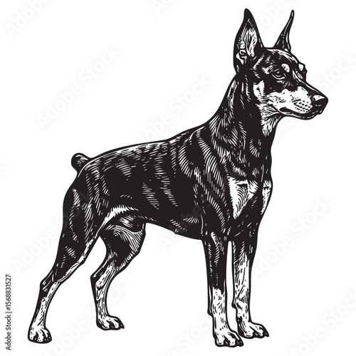 Standing Doberman Pinscher Dog Vector Engraving Illustration