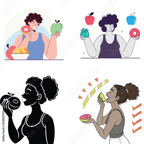 People choosing between healthy fruits and unhealthy donuts illustrating dietary choices