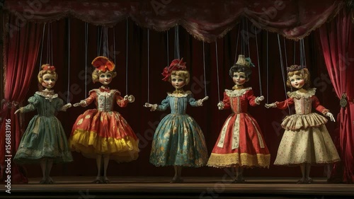 Five antique marionette dolls in vintage dresses on a stage.