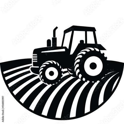 Black and white silhouette of a tractor plowing a field with striped rows