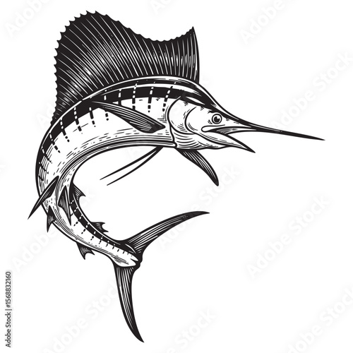 Sailfish Marine Life Vector Engraving Illustration