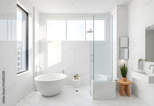 Modern bathroom interior with sleek white tiles, a stylish shower, and a large mirror over the sink, exuding luxury and clean design