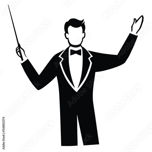 Black and white illustration of a conductor leading an orchestra with a baton