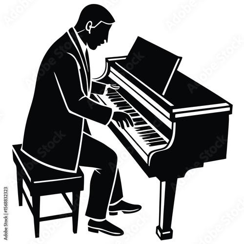 Silhouette of a man in a suit playing a grand piano on a stool