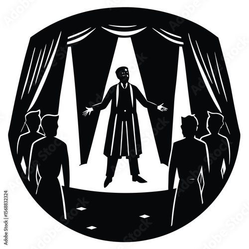 Master of ceremonies and audience on stage under spotlights