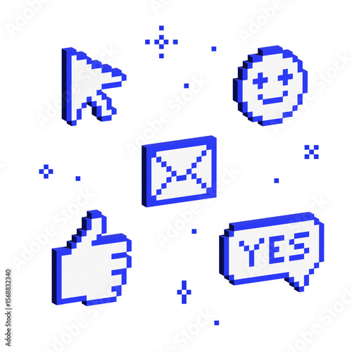 Set of 3d mosaic elements. Isometric 8 bit blue signs. Cyber symbols in y2k futuristic design. Volumetric geometric shapes. Brutalist style. Cursor, emoji, envelope, thumb up, comment.