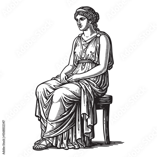 Ancient Roman Greek Woman Seated Figure Vector Engraving Illustration