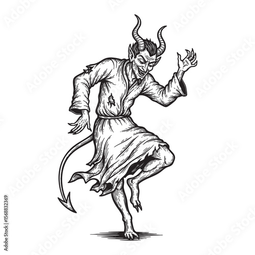 Sinister Devil Demon Figure in Robe Vector Engraving Illustration