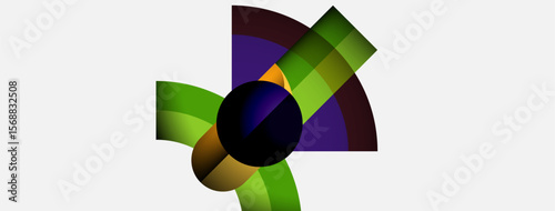Abstract colorful design features curved shapes radiating from central dark circle. Green, purple, brown hues dominate composition. Simple, modern aesthetic.