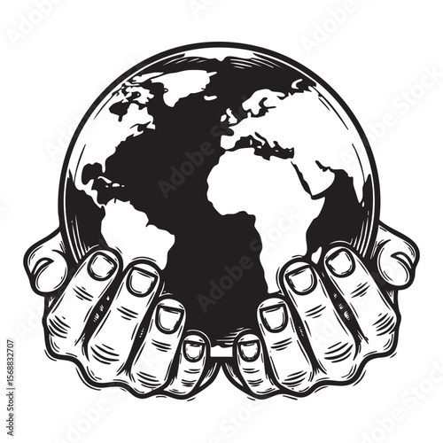 Hands Holding Earth Globe Vector Engraving Illustration

