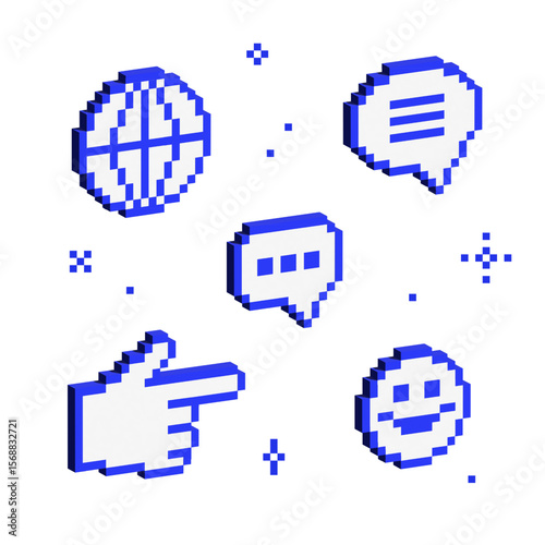 Set of isometric 8 bit sings. 3d pixel blue objects in brutalist style. Cyber symbols in y2k futuristic design. Volumetric geometric shapes. Globe, emoji, message box, index finger.
