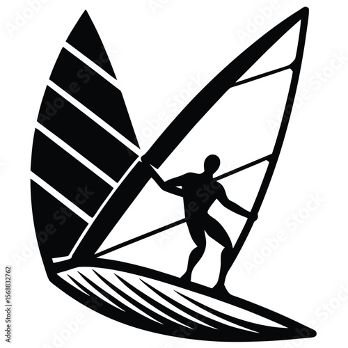 Black silhouette of a windsurfer riding a wave with a large sail