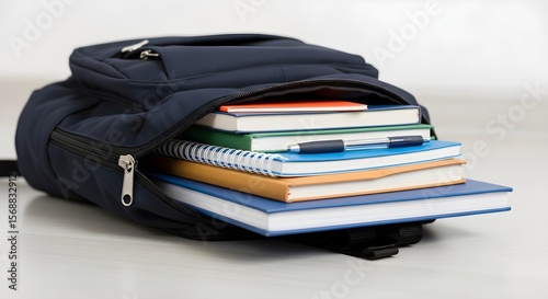 Open Backpack Filled with Books and Pen, Ready for School or Study
