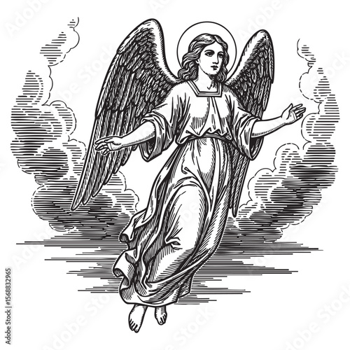 Flying Angel Figure Vector Engraving Illustration