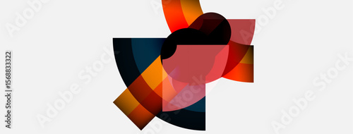 Abstract composition features overlapping colorful arcs, creating dynamic visual effect. Shapes suggest fragmented portrait or face. Minimalist design.