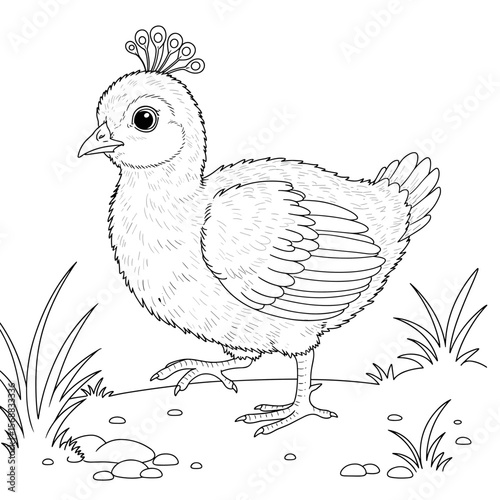 A young peacock chick with expressive eyes and a short crest stands on grassy terrain with scattered rocks, illustrated in clean black-and-white line art.