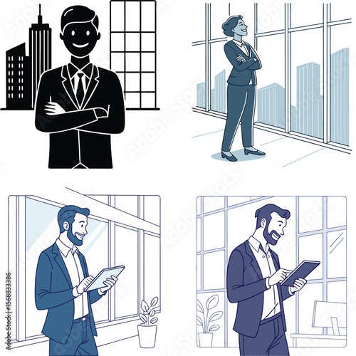 Diverse business professionals confident and engaged in modern office settings