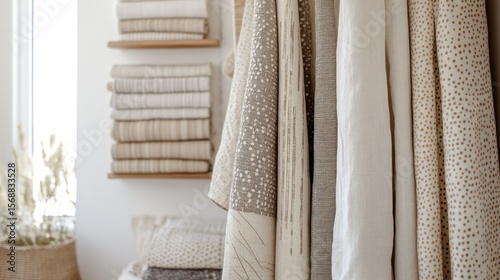 Beige fabrics display in a home decor showroom