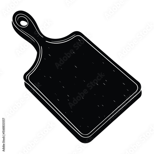 Black cutting board with a handle and white outline isolated on white background