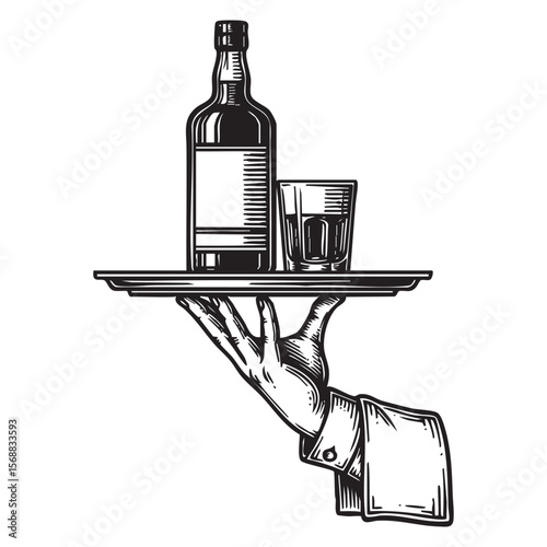 Waiter Serving Wine on Tray Vector Engraving Illustration