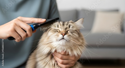 Serene Longhair Cat Being Gently Brushed by Person