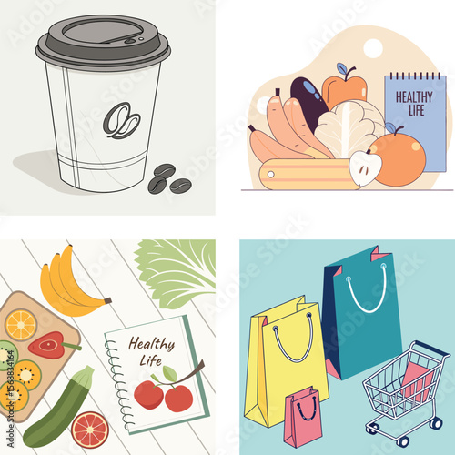 Healthy lifestyle choices coffee fresh produce and shopping